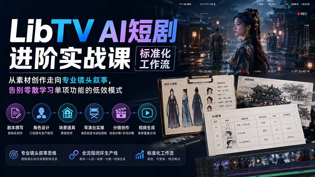 LibTV AI短剧进阶实操课标准化工作流；从素材创作走向专业镜头叙事，告别零散学习单项功能的低效模式-吾爱云课堂