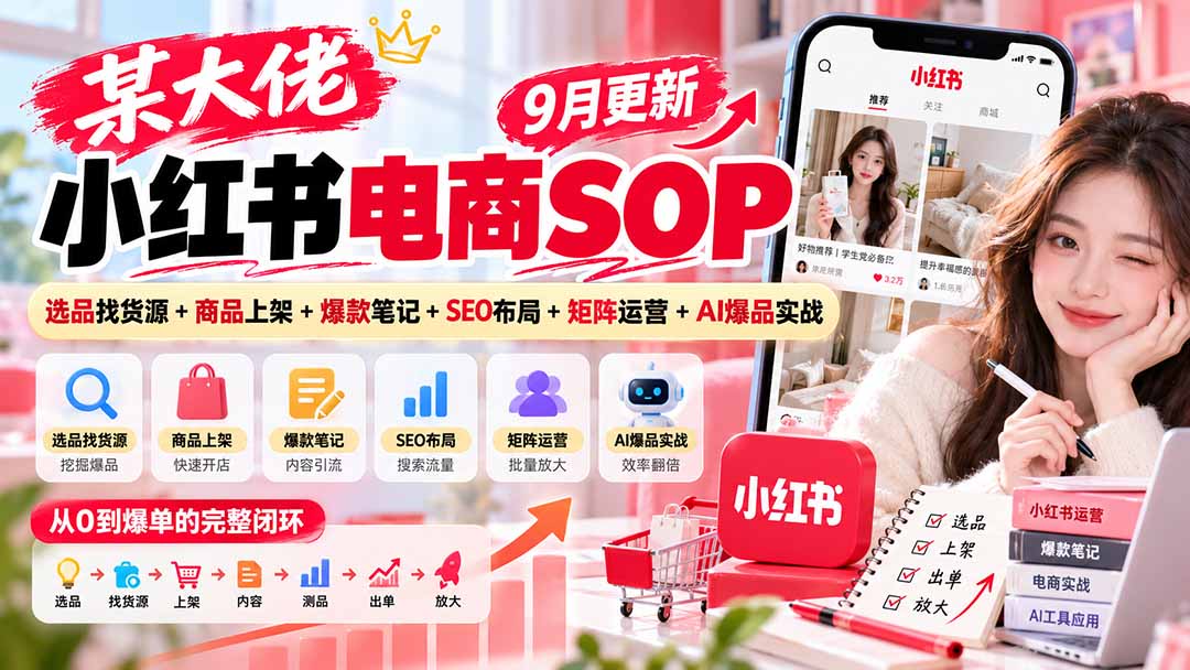某大佬小红书电商SOP｜9月更新：选品找货源+商品上架+爆款笔记+SEO布局+矩阵运营+AI爆品实战-吾爱云课堂
