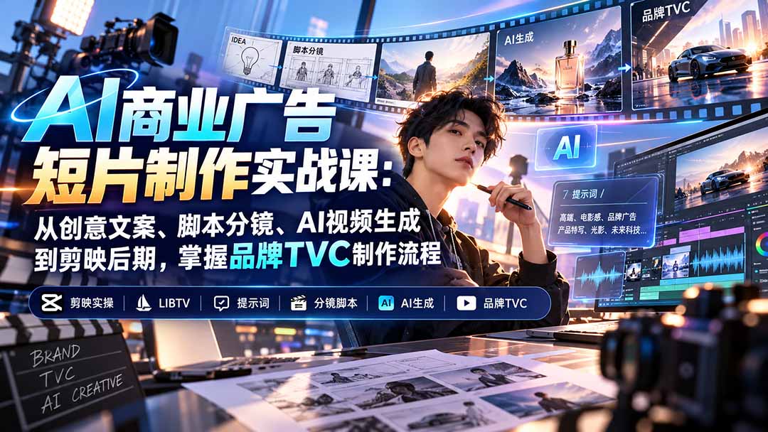 AI商业广告短片制作实战课：从创意文案、脚本分镜、AI视频生成到剪映后期，掌握品牌TVC制作流程-吾爱云课堂