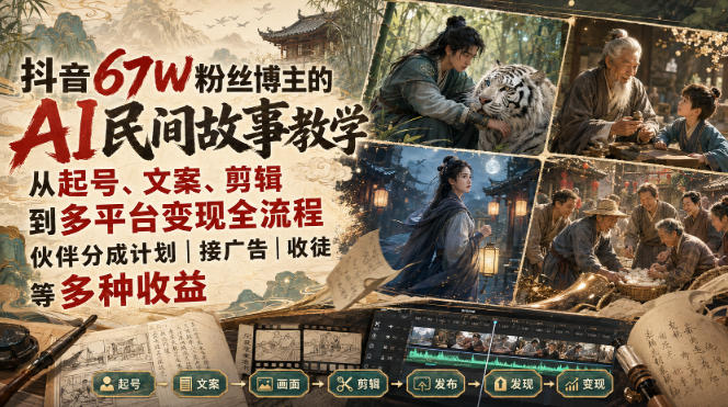 抖音67W粉丝博主的AI民间故事教学，从起号、文案、剪辑到多平台变现全流程，伙伴分成计划接广告等多种收益，月入1W+-吾爱云课堂