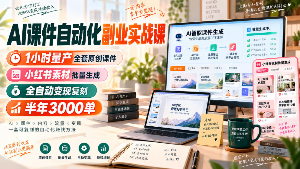 AI课件自动化副业实战课，1小时量产全套原创课件，小红书素材批量生成，全自动变现复刻，半年3000单-吾爱云课堂
