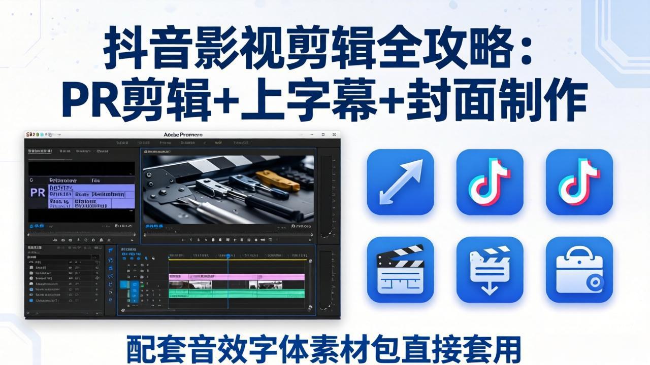 抖音影视剪辑全攻略：PR剪辑+上字幕+封面制作，配套音效字体素材包直接套用-吾爱云课堂