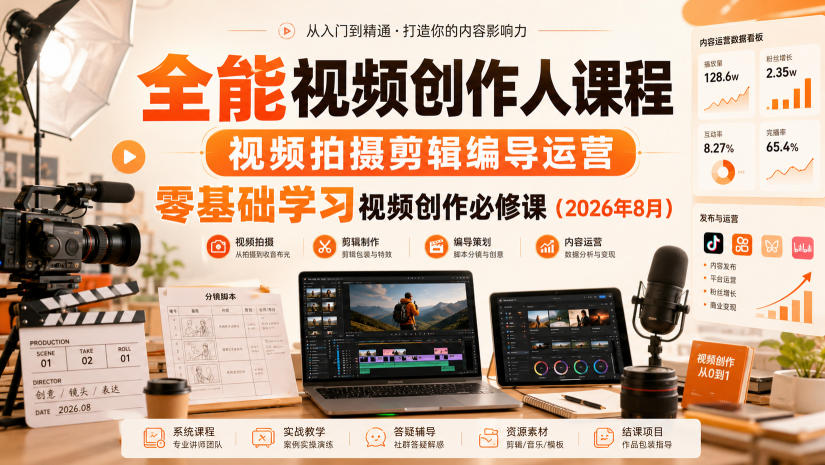 全能视频创作人课程，视频拍摄剪辑编导运营，零基础学习视频创作必修课(2026年8月)-吾爱云课堂