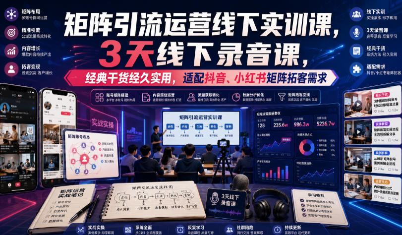 嗨推矩阵引流运营线下实训课，3天线下录音课，经典干货经久实用，适配抖音、小红书矩阵拓客需求-吾爱云课堂