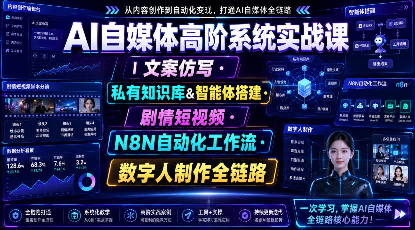 AI自媒体高阶系统实战课｜文案仿写・私有知识库&智能体搭建・剧情短视频・N8N自动化工作流・数字人制作全链路-吾爱云课堂