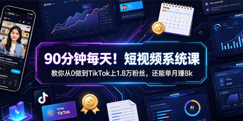 90分钟每天!短视频系统课教你从0做到TikTok上1.8万粉丝,还能单月賺8k【原创双语字幕】-吾爱云课堂