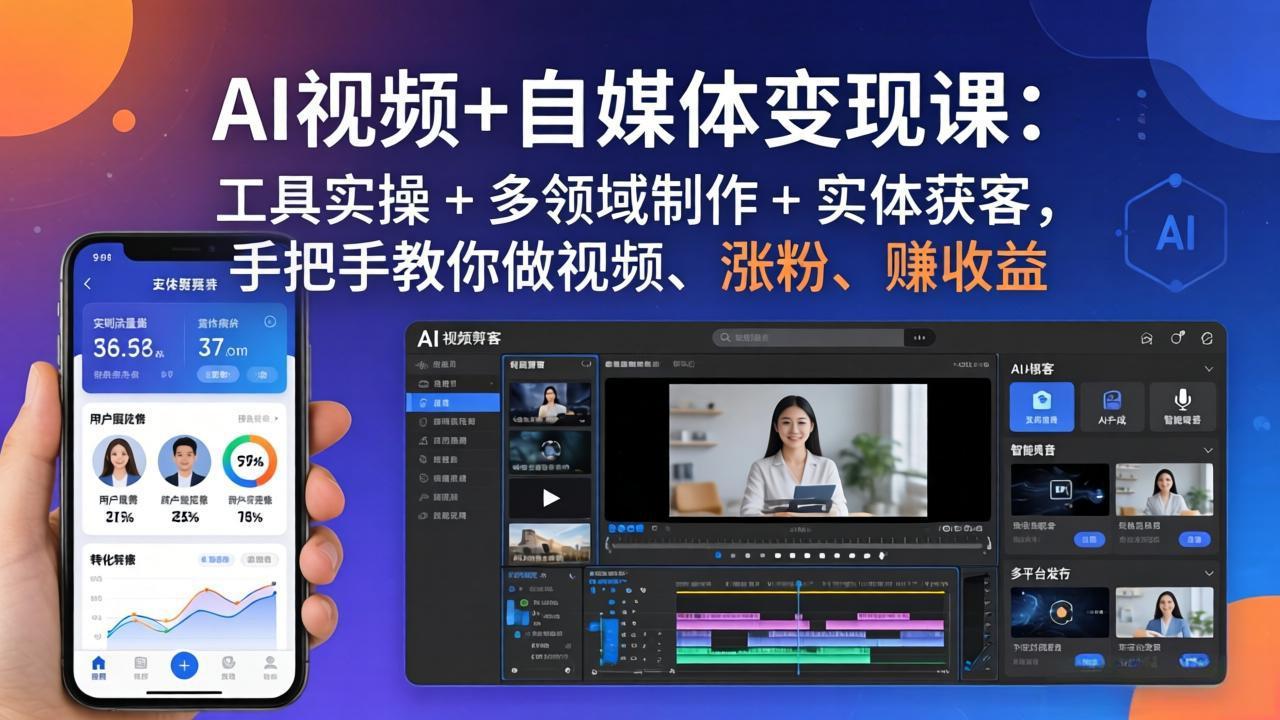 AI视频+自媒体变现课：工具实操 + 多领域制作 + 实体获客，手把手教你做视频、涨粉、赚收益-吾爱云课堂