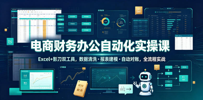 电商财务办公自动化实操课，Excel+影刀双工具，数据清洗・报表建模・自动对账，全流程实战-吾爱云课堂