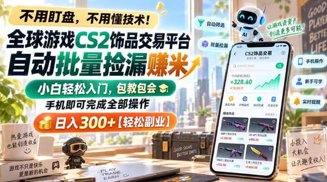 全球游戏CS2饰品交易平台自动批量捡漏賺米，小白轻松入门，包教包会，手机即可完成全部操作，日入300+【揭秘】-吾爱云课堂