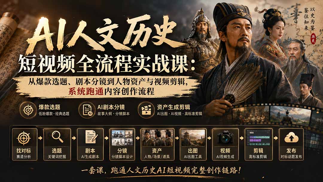 AI人文历史短视频全流程实战课：从爆款选题、剧本分镜到人物资产与视频剪辑，系统跑通内容创作流程-吾爱云课堂