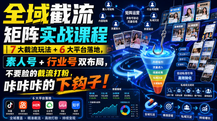 全域截流矩阵实战课程｜7大截流玩法+6大平台落地，素人号+行业号双布局，不要脸的截流打粉，咔咔咔的下钩子！-吾爱云课堂