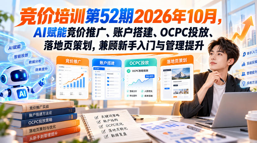 【无水印】竞价培训第52期2026年10月，AI赋能竞价推广、账户搭建、OCPC投放、落地页策划，兼顾新手入门与管理提升-吾爱云课堂