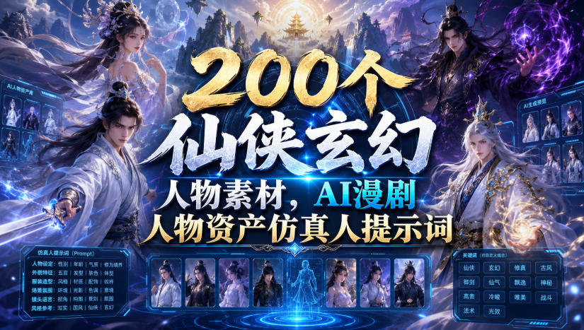 200个仙侠玄幻人物素材，AI漫剧人物资产仿真人提示词-吾爱云课堂
