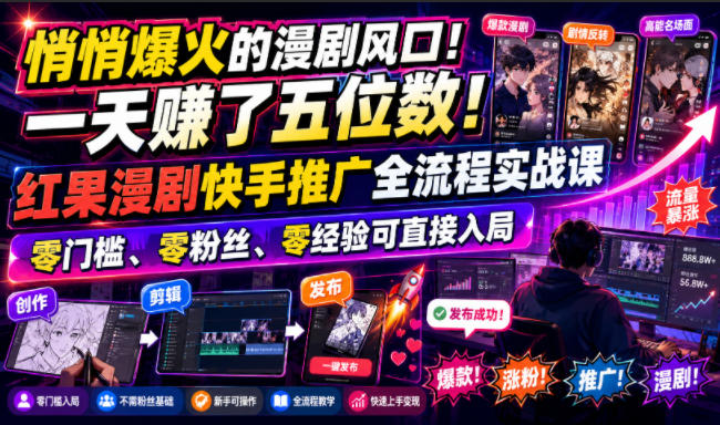 悄悄爆火的漫剧风口！一天賺了五位数！红果漫剧快手推广全流程实战课，零门槛、零粉丝、零经验可直接入局-吾爱云课堂