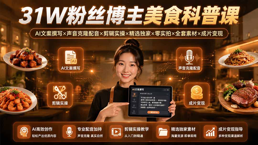 31W粉丝博主美食科普课：AI文案撰写×声音克隆配音×剪辑实操×精选独家×零实拍×全套素材×成片变现-吾爱云课堂