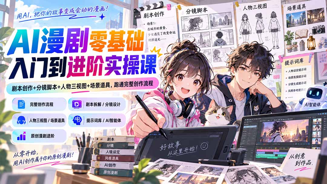 AI漫剧零基础入门到进阶实操课：剧本创作+分镜脚本+人物三视图+场景道具，跑通完整创作流程-吾爱云课堂