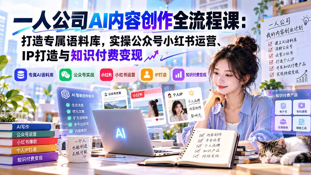 一人公司AI内容创作全流程课：打造专属语料库，实操公众号小红书运营、IP打造与知识付费变现方法论-吾爱云课堂