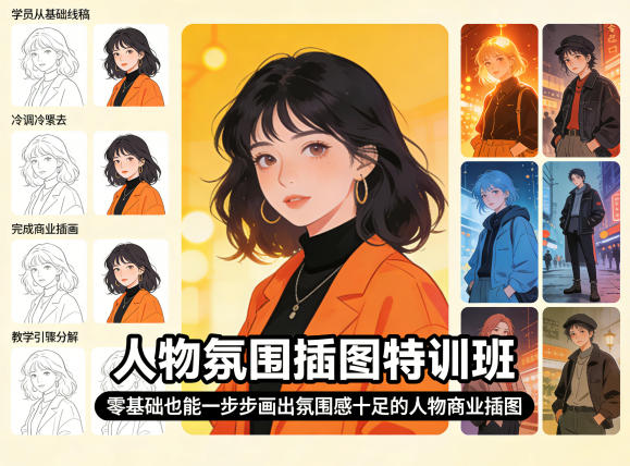 人物氛围插图特训班，零基础也能一步步画出氛围感十足的人物商业插图-吾爱云课堂