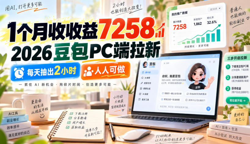 1个月收收益7258，2026豆包PC端拉新，每天抽出2小时，人人可做-吾爱云课堂