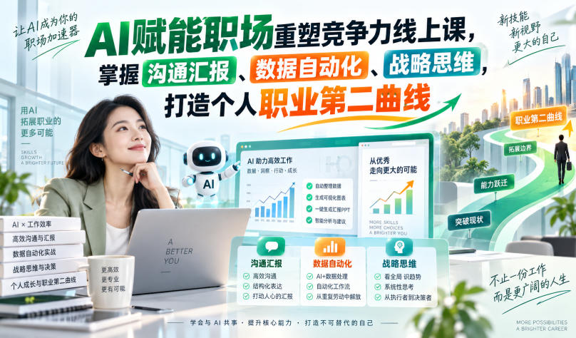 AI赋能职场重塑竞争力线上课，掌握沟通汇报、数据自动化、战略思维，打造个人职业第二曲线-吾爱云课堂