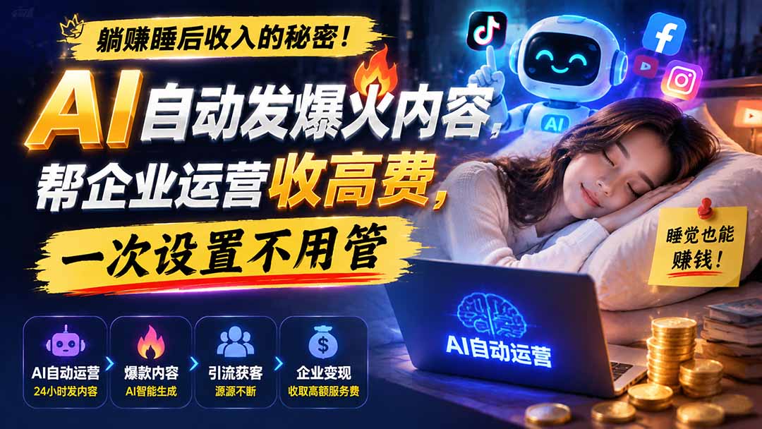 躺赚睡后收入的秘密！AI 自动发爆火内容，帮企业运营收高费，一次设置不用管【原创双语字幕】-吾爱云课堂