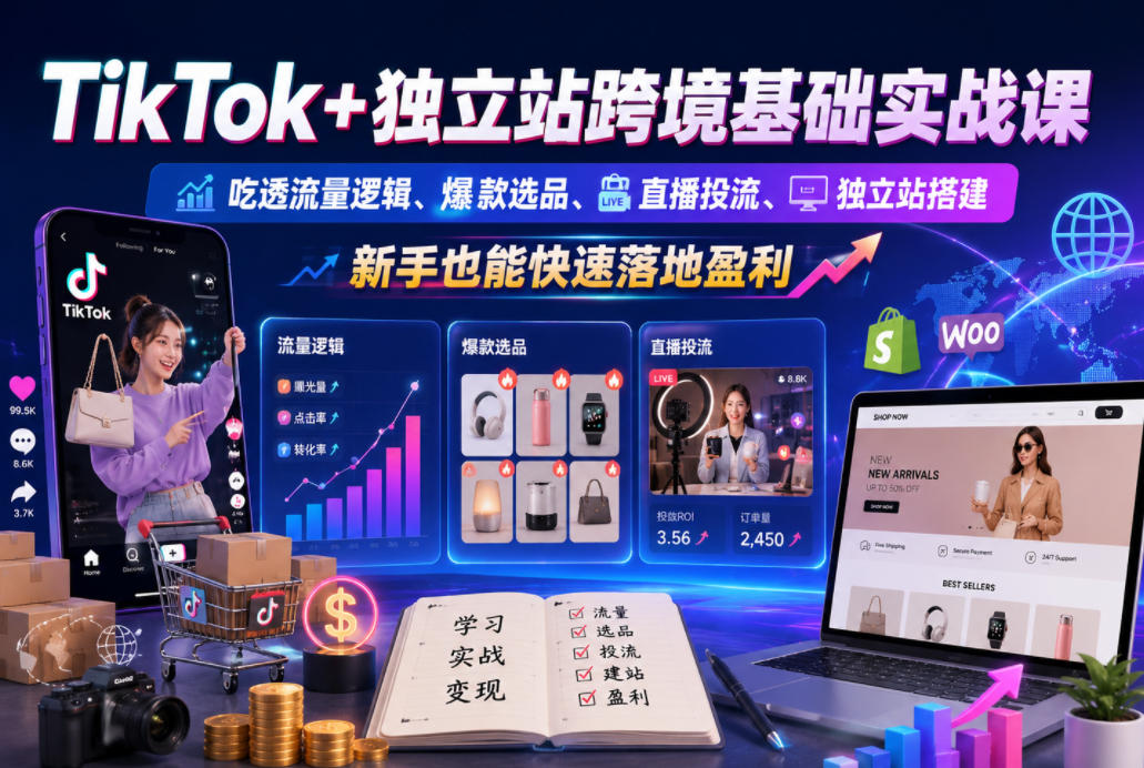 TikTok+独立站跨境基础实战课，吃透流量逻辑、爆款选品、直播投流与独立站搭建，新手也能快速落地盈利-吾爱云课堂