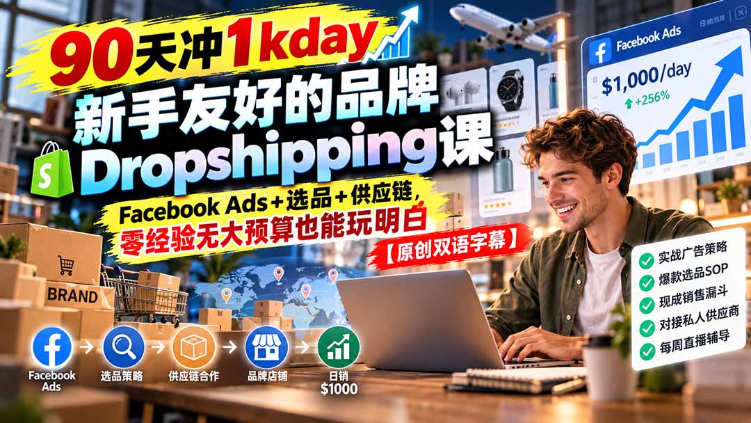 90天冲1kday 新手友好的品牌Dropshipping课：Facebook Ads+选品+供应链，零经验无大预算也能玩明白【原创双语字幕】-吾爱云课堂