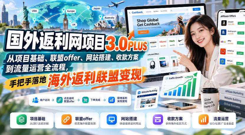 国外返利网项目3.0PLUS，从项目基础、联盟offer、网站搭建、收款方案到流量运营全流程，手把手落地海外返利联盟变现-吾爱云课堂