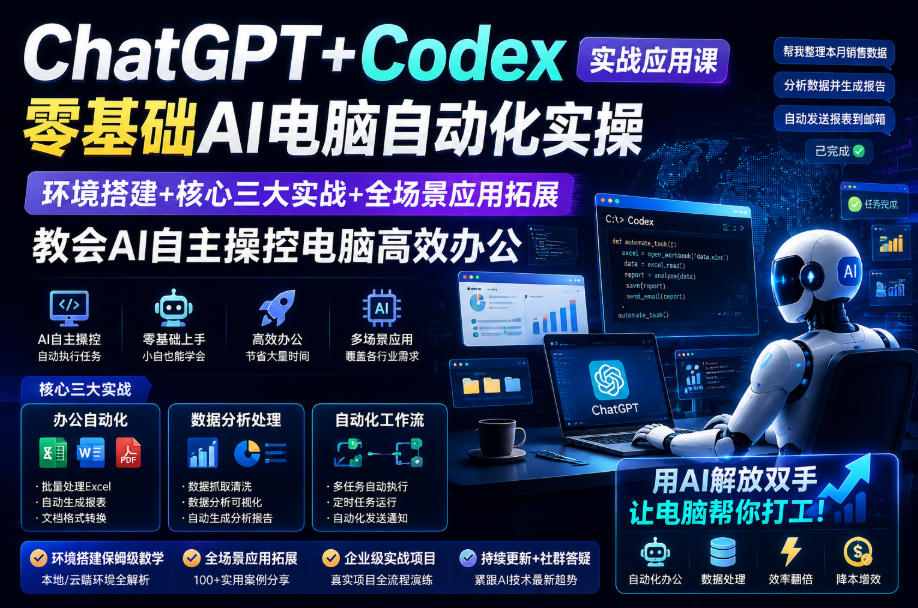 ChatGPT+Codex实战应用课｜零基础AI电脑自动化实操，环境搭建+核心三大实战+全场景应用拓展，教会AI自主操控电脑高效办公-吾爱云课堂