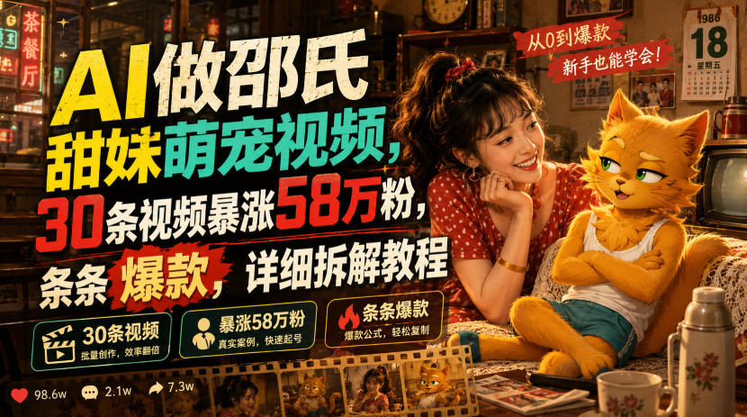 AI做邵氏甜妹萌宠视频，30条视频暴涨58万粉，条条爆款，详细拆解教程-吾爱云课堂