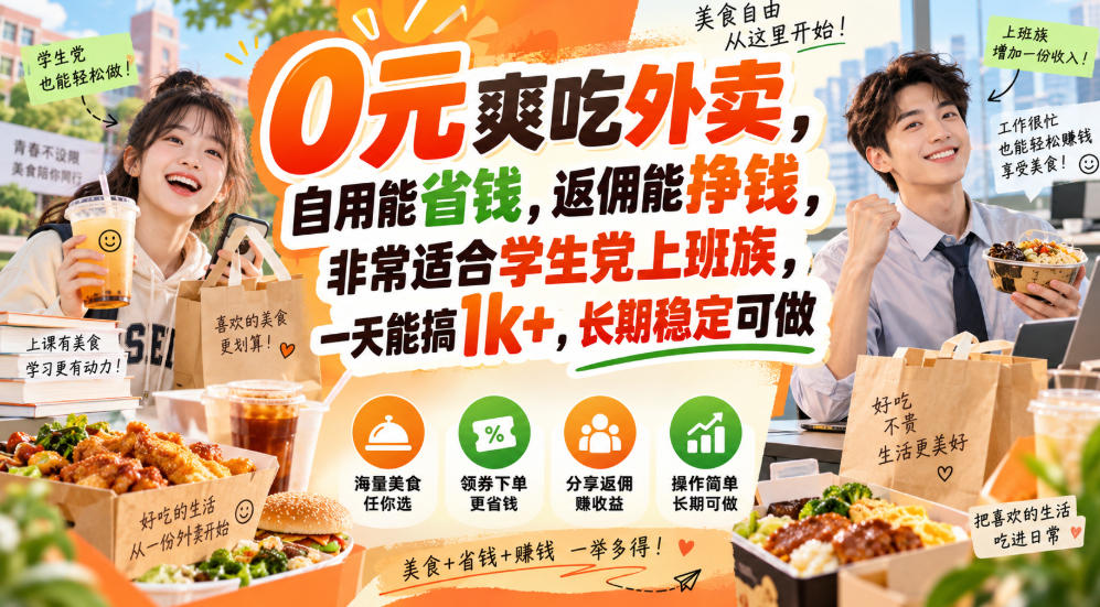 0元爽吃外卖，自用能省钱，返佣能挣钱，非常适合学生党上班族，一天能搞1k+，长期稳定可做-吾爱云课堂