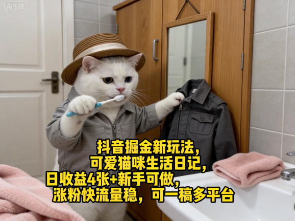 抖音掘金新玩法，可爱猫咪生活日记，日收益4张+新手可做，涨粉快流量稳，可一稿多平台-吾爱云课堂