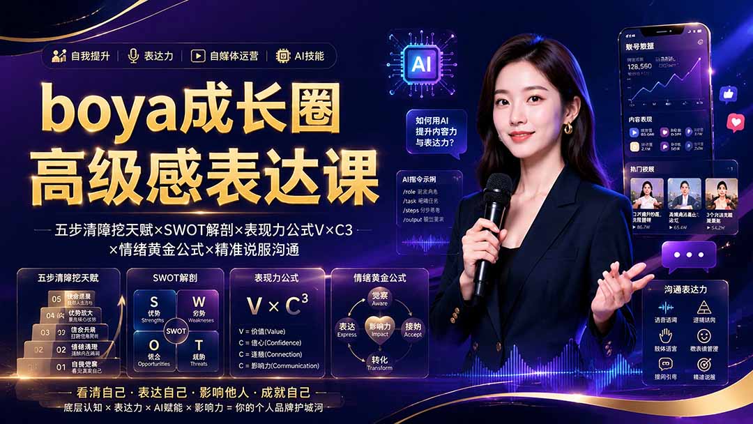 boya成长圈｜内心成长高级表达AI自媒体三合一，消解内耗挖掘天赋，镜头沟通AI指令短视频全流程教学-吾爱云课堂
