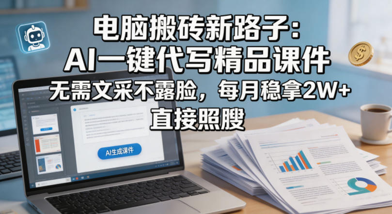 电脑搬砖新路子：AI一键代写精品课件，无需文采不露脸，每月稳拿2W+，直接照搬-吾爱云课堂