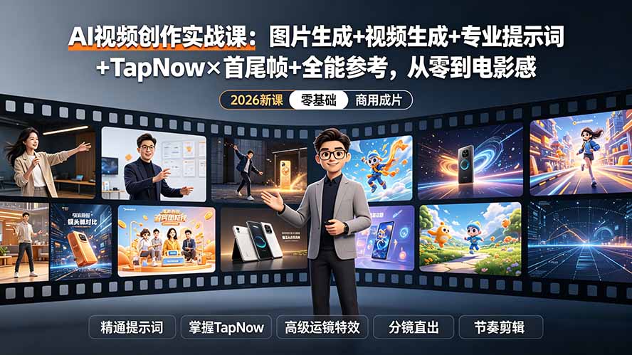AI视频创作实战课：图片生成+视频生成+专业提示词+TapNow×首尾帧+全能参考，从零到电影感成片-吾爱云课堂
