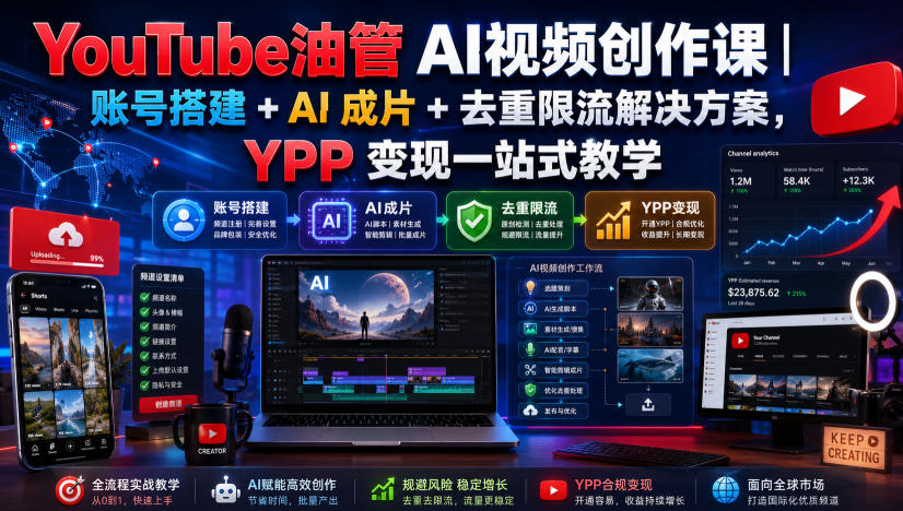 YouTube油管AI视频创作课｜账号搭建+AI成片+去重限流解决方案，YPP变现一站式教学(更新0817)-吾爱云课堂