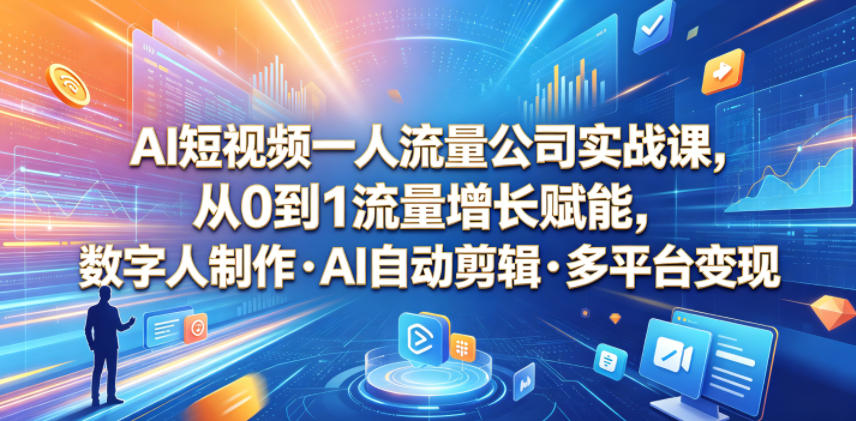 AI短视频一人流量公司实战课，从0到1流量增长赋能，数字人制作・AI自动剪辑・多平台变现，一人做流量生意全落地教程-吾爱云课堂