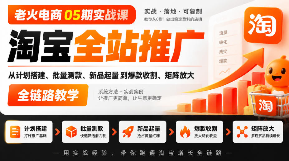 老火电商05期实战课｜淘宝全站推广从计划搭建、批量测款、新品起量到爆款收割、矩阵放大全链路教学-吾爱云课堂