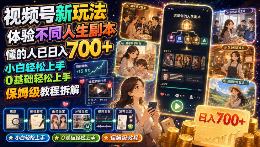 视频号新玩法体验不同人生副本,懂的人已日入700+,小白轻松上手,0基础轻松上手,保姆级教程拆解-吾爱云课堂