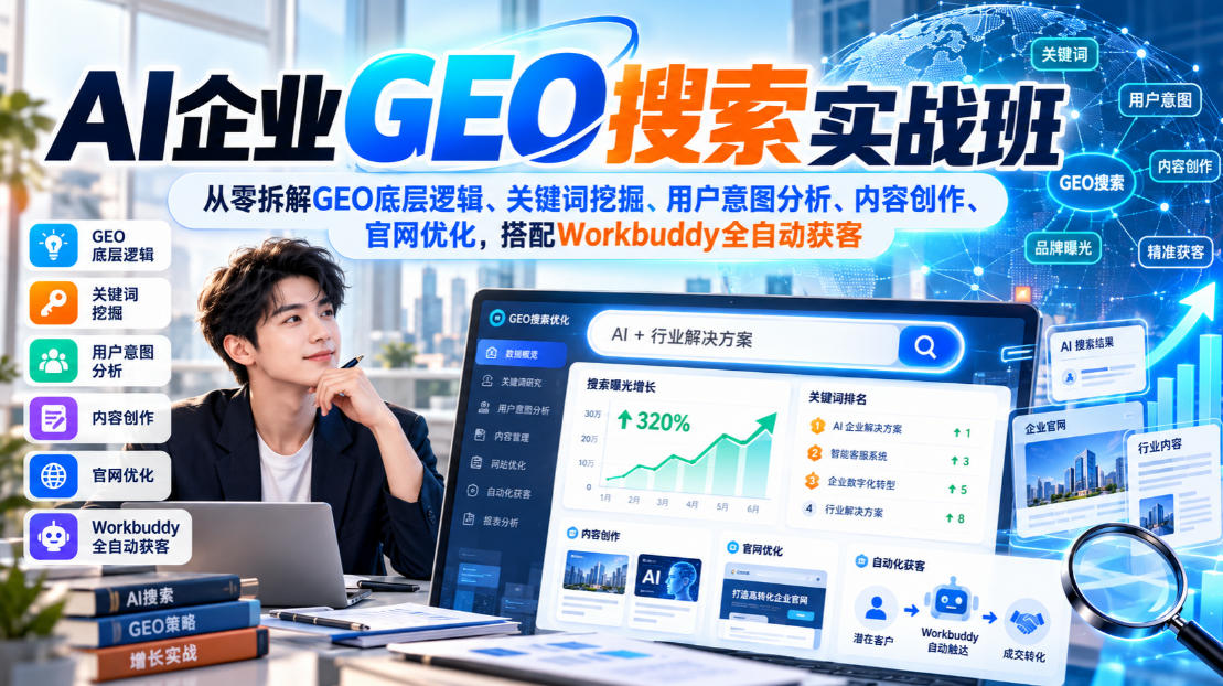 AI企业GEO搜索实战班，从零拆解GEO底层逻辑、关键词挖掘、用户意图分析、内容创作、官网优化，搭配Workbuddy全自动获客-吾爱云课堂