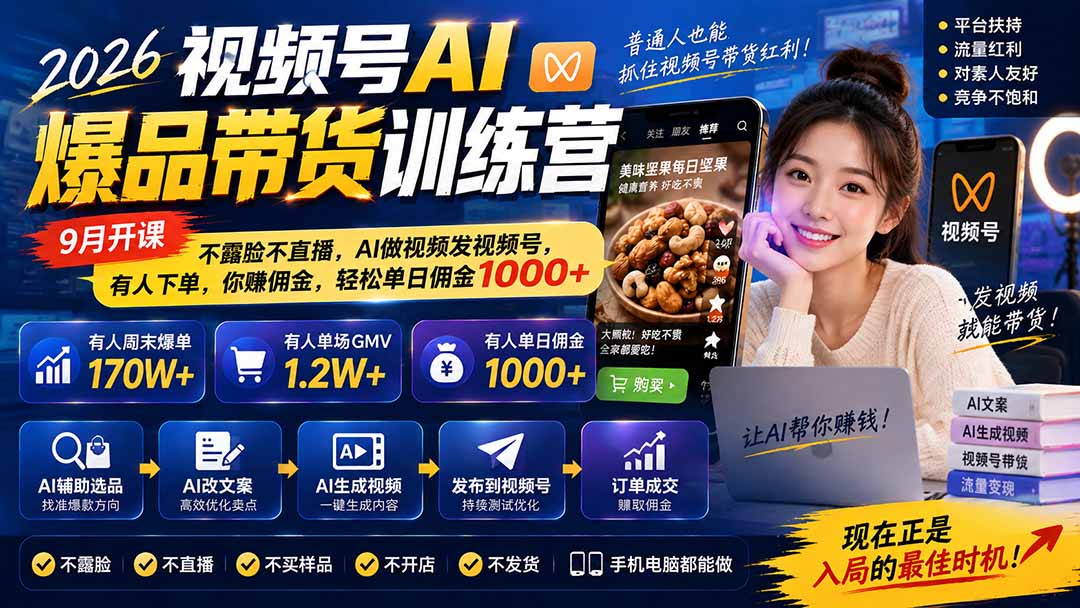 2026视频号AI爆品带货训练营-9月开课｜不露脸不直播，AI做视频发视频号，有人下单，你赚佣金，轻松单日佣金1000+-吾爱云课堂