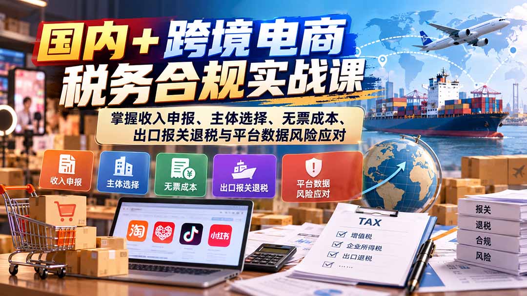 国内+跨境电商税务合规实战课：掌握收入申报、主体选择、无票成本、出口报关退税与平台数据风险应对-吾爱云课堂