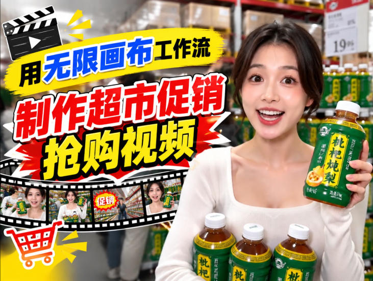 无限画布超市促销抢购视频工作流，一键产出TikTok抖音带货短视频-吾爱云课堂