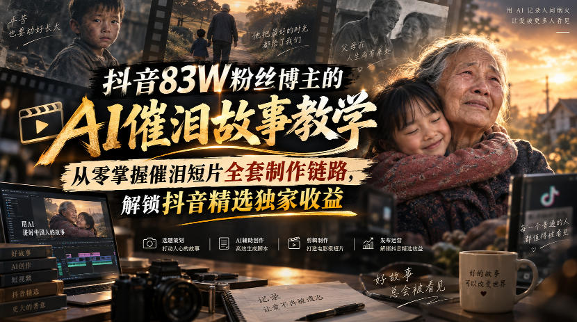 抖音83W粉丝博主的AI催泪故事教学，从零掌握催泪短片全套制作链路，解锁抖音精选独家收益-吾爱云课堂