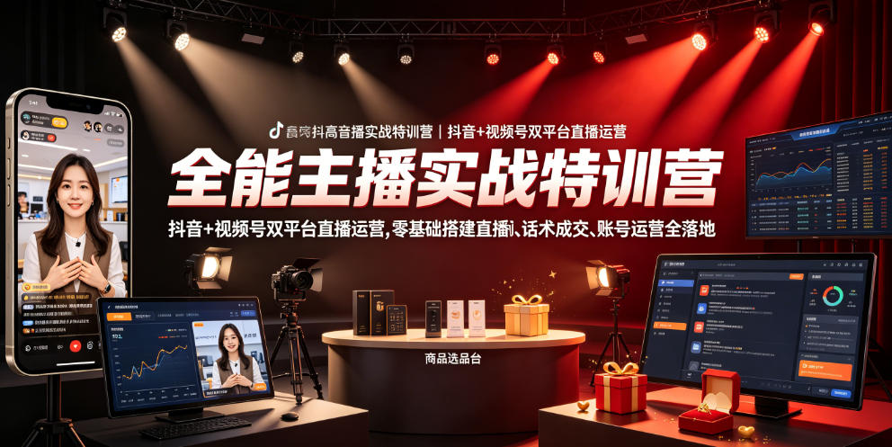 全能主播实战特训营｜抖音+视频号双平台直播运营，零基础搭建直播间、精准选品、话术成交、账号运营全落地-吾爱云课堂