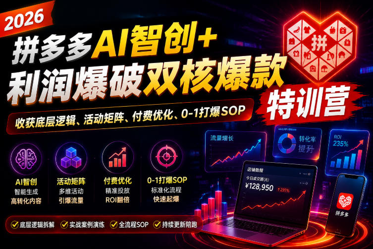 2026拼多多AI智创+利润爆破双核爆款特训营，收获底层逻辑、活动矩阵、付费优化、0-1打爆SOP(更新0810)-吾爱云课堂