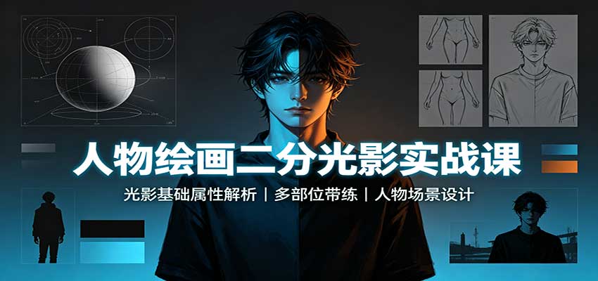 人物绘画二分光影实战课：光影基础属性解析，多部位带练，人物场景设计-吾爱云课堂
