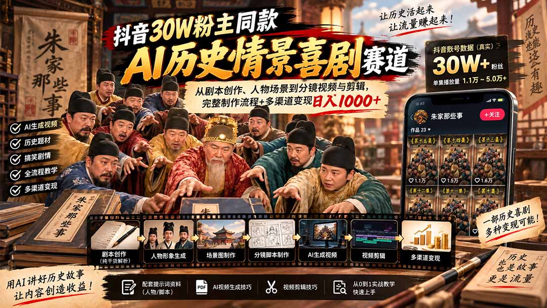 抖音30W粉博主同款AI历史情景喜剧赛道：从剧本创作、人物场景到分镜视频与剪辑，完整制作流程+多渠道变现日入1000+-吾爱云课堂