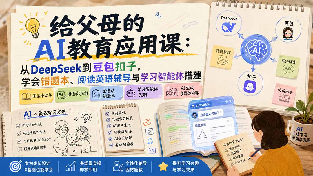 给父母的AI教育应用课：从DeepSeek到豆包扣子，学会错题本、阅读英语辅导与学习智能体搭建-吾爱云课堂
