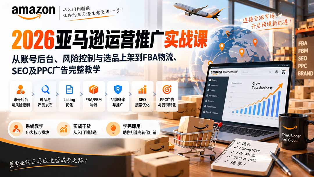 2026亚马逊运营推广实战课：从账号后台、风险控制与选品上架到FBA物流、SEO及PPC广告完整教学-吾爱云课堂